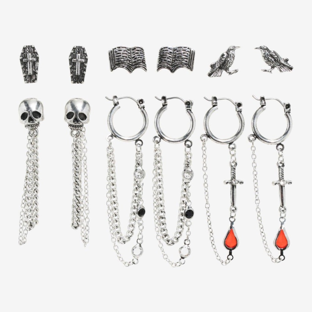 Hot Topic Skull Book Raven Dagger Coffin Stud & Hoop Earring‎ Set Spooky Witchy